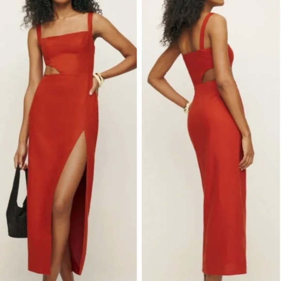 NEW Reformation Satori Linen Midi Dress - Blood Orange Vacation Party Cut Out - Picture 3 of 11